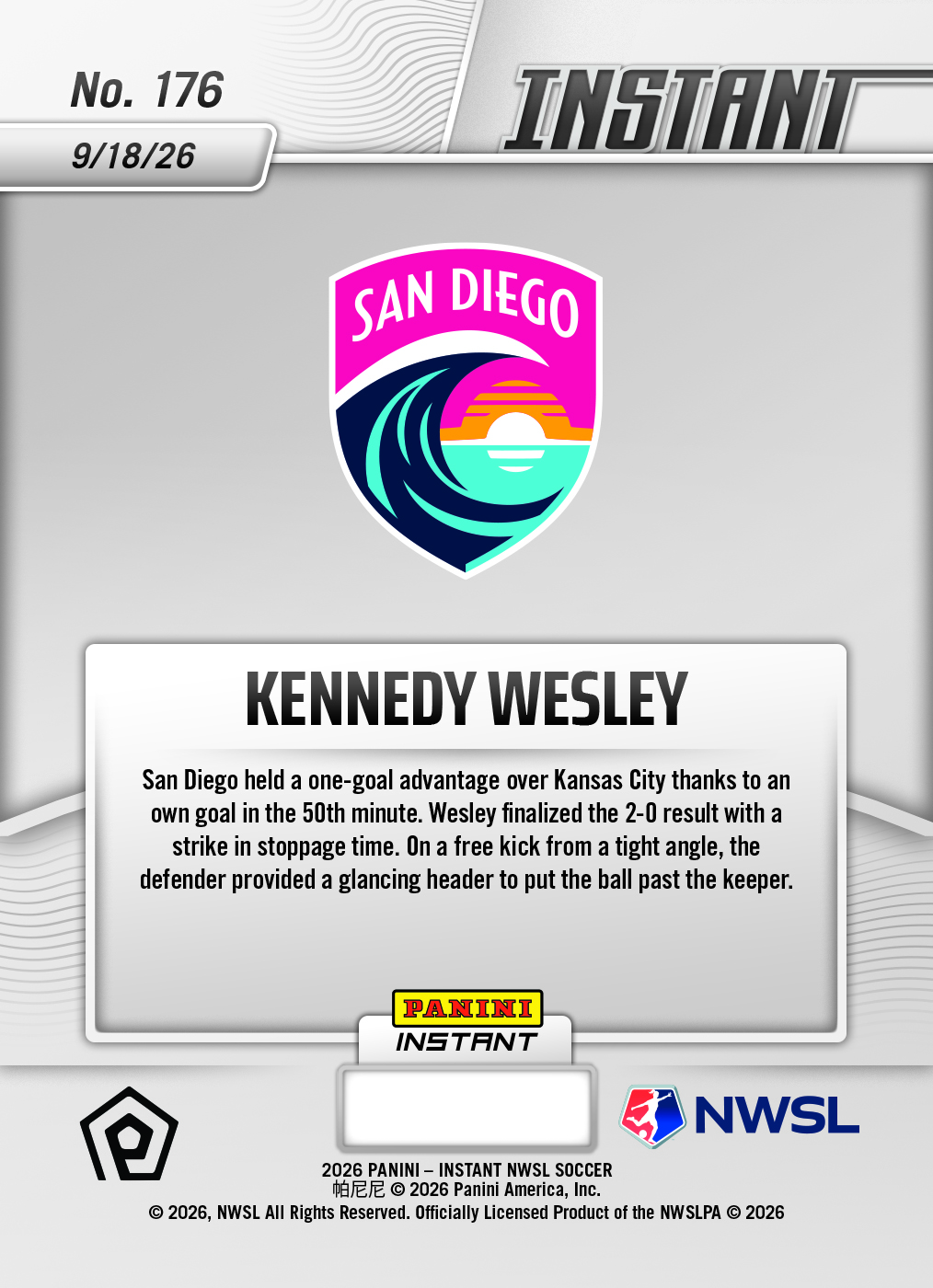 Product thumbnail image 2 of Kennedy Wesley - 2026 Panini Instant NWSL #176 - Base Card 5-pack