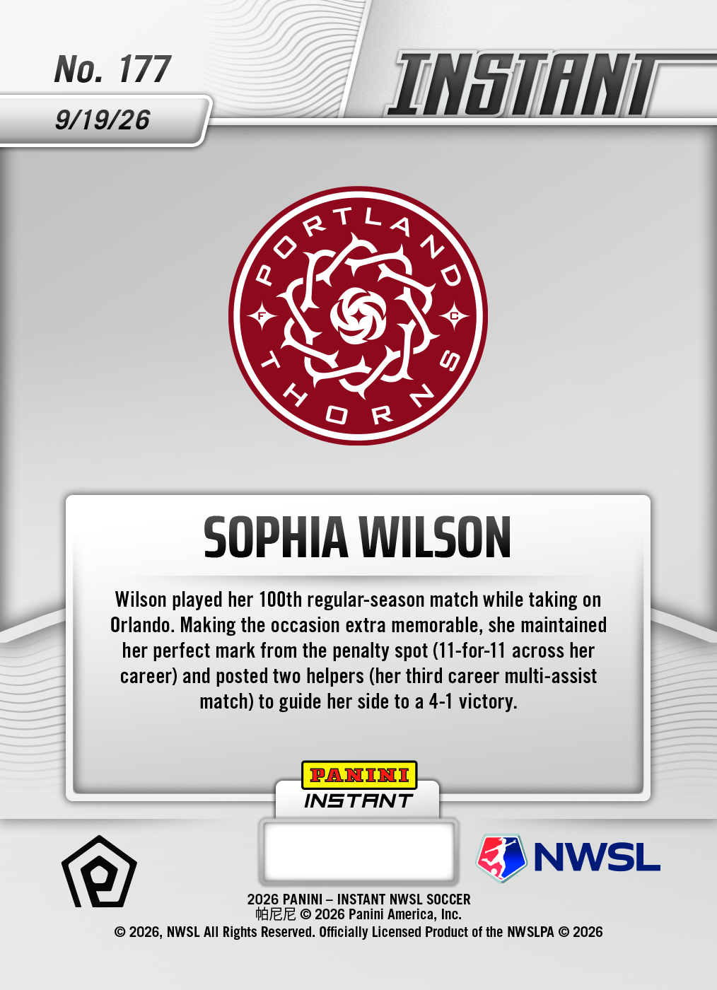 Product thumbnail image 2 of Sophia Wilson - 2026 Panini Instant NWSL #177 - Base Card 25-pack