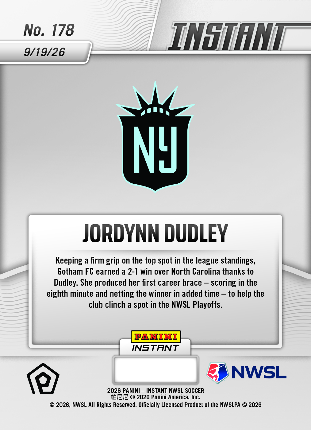 Product thumbnail image 2 of Jordynn Dudley - 2026 Panini Instant NWSL #178 - Base Card 10-pack