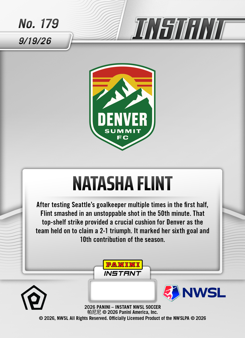 Product thumbnail image 2 of Natasha Flint - 2026 Panini Instant NWSL #179 - Base Card 25-pack