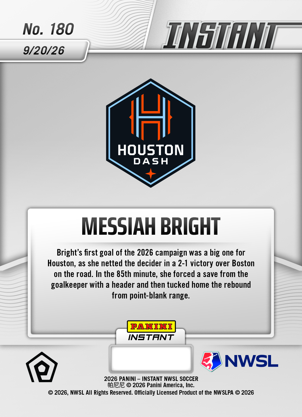 Product thumbnail image 2 of Messiah Bright - 2026 Panini Instant NWSL #180 - Base Card 25-pack