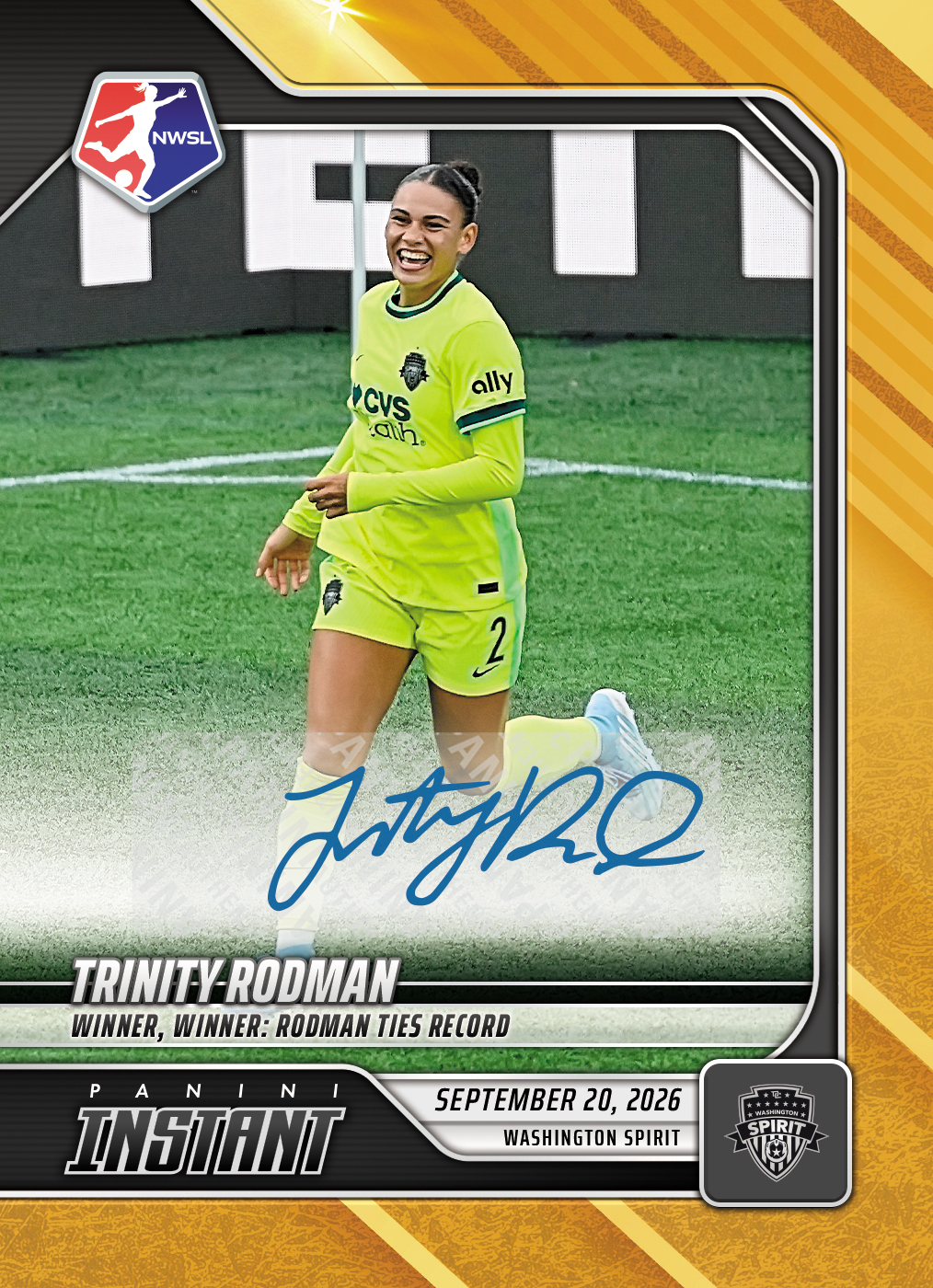 Detailed Image of Trinity Rodman - 2026 Panini Instant NWSL #181 - Gold /10 Auto