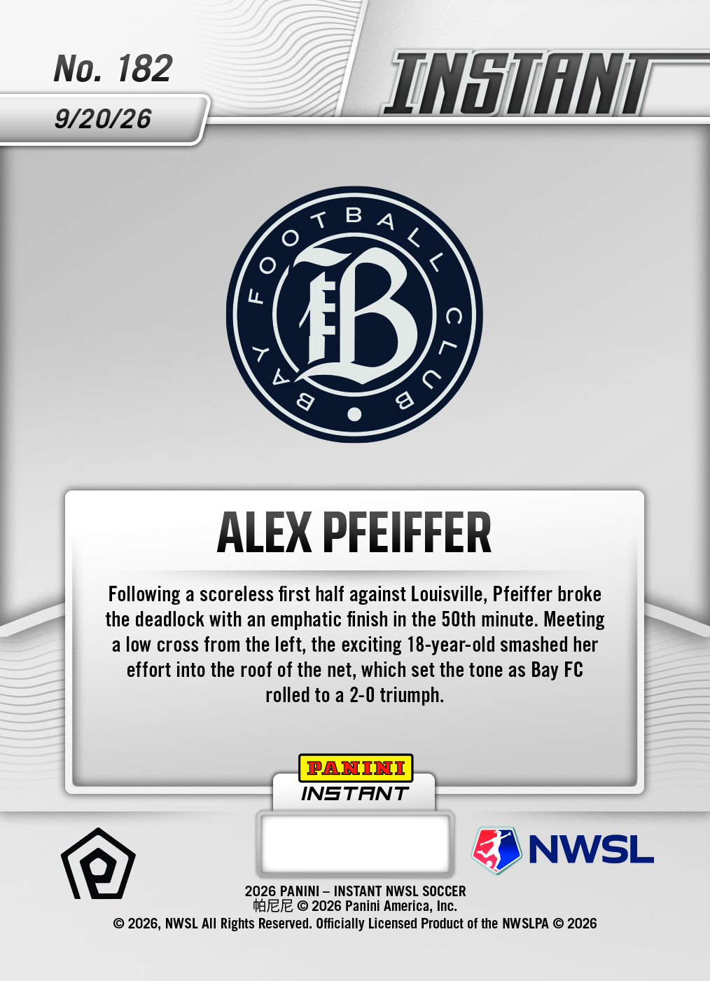 Product thumbnail image 2 of Alex Pfeiffer - 2026 Panini Instant NWSL #182 - Base Card 25-pack