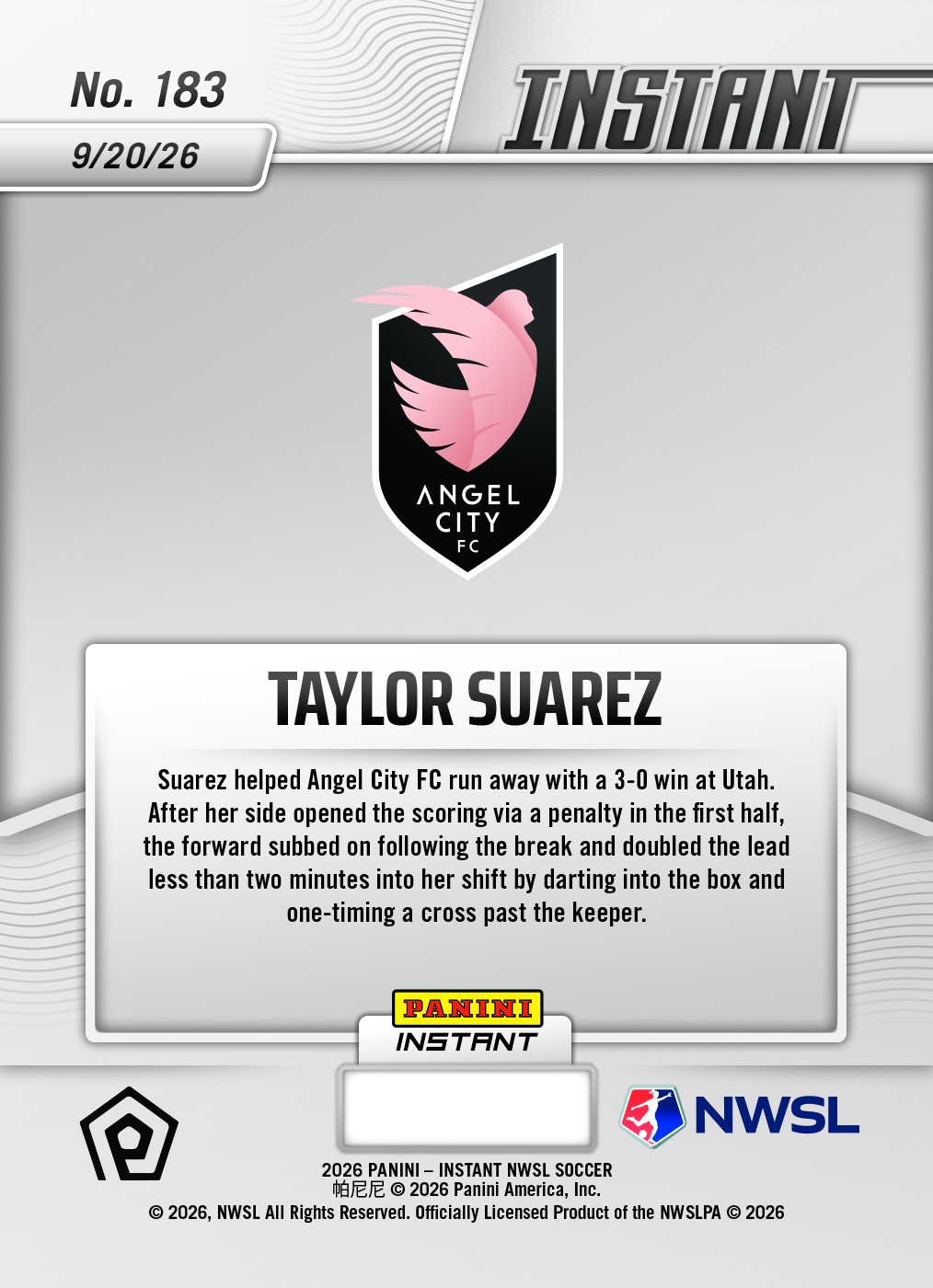 Product thumbnail image 2 of Taylor Suarez - 2026 Panini Instant NWSL #183 - Base Card 5-pack