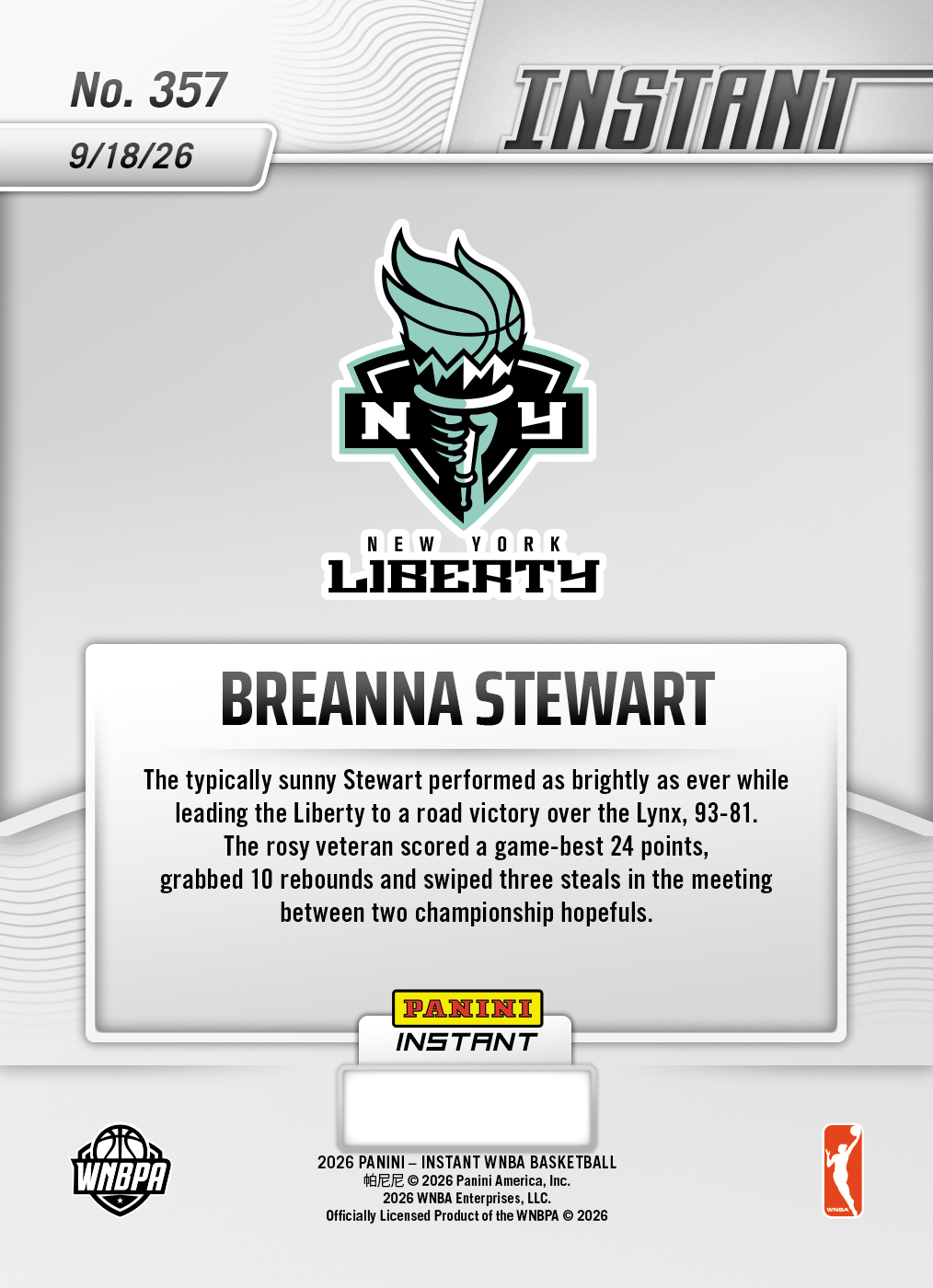 Product thumbnail image 2 of Breanna Stewart - 2026 Panini Instant WNBA #357 - Base Card 25-pack