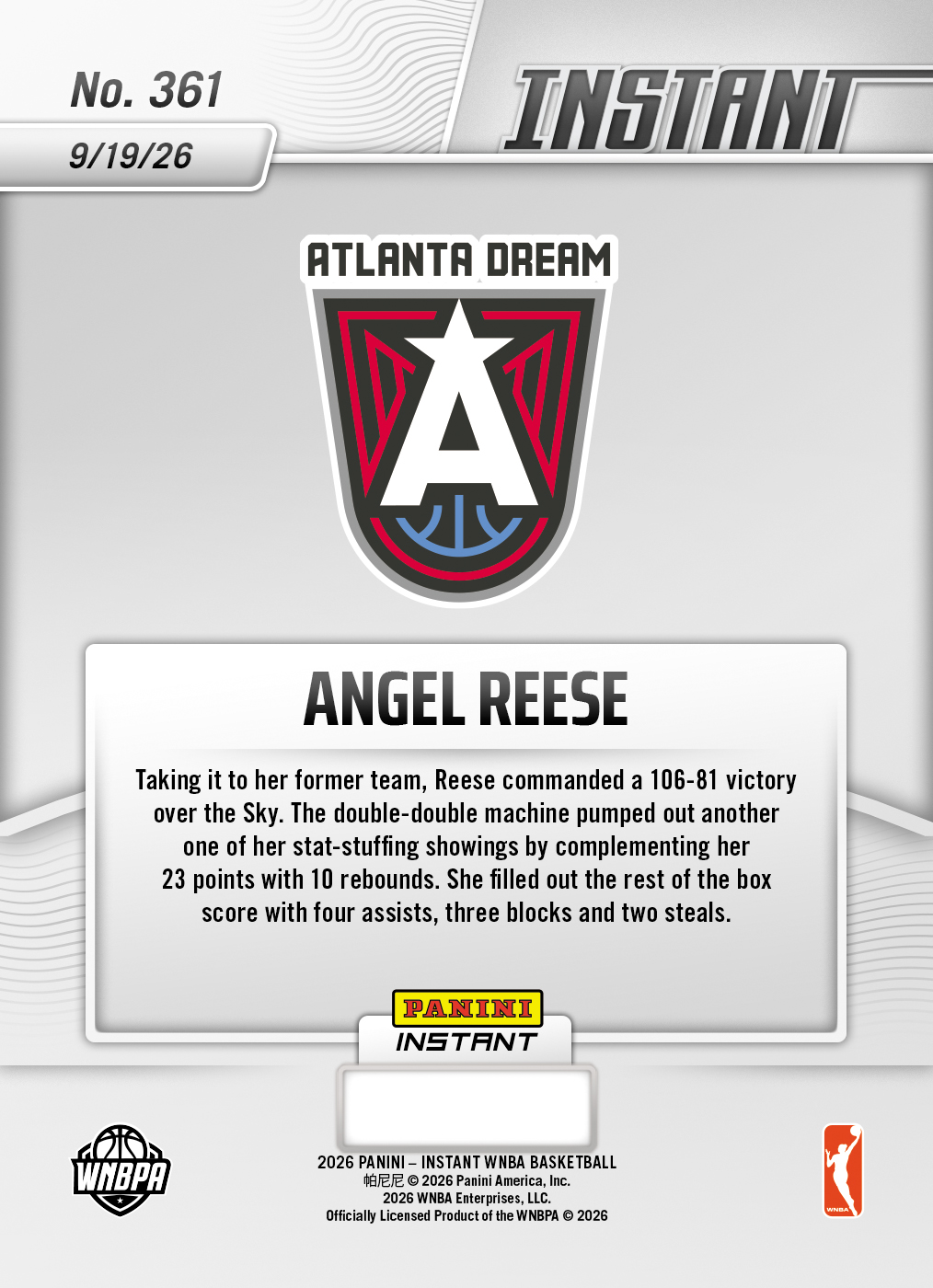 Product thumbnail image 2 of Angel Reese - 2026 Panini Instant WNBA #361 - Base Card 25-pack