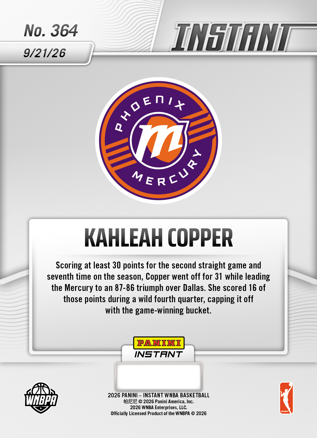 Product thumbnail image 2 of Kahleah Copper - 2026 Panini Instant WNBA #364 - Base Card 25-pack