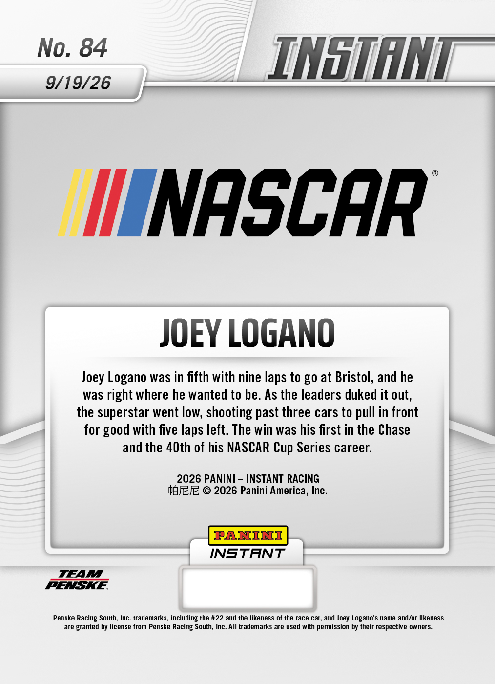Product thumbnail image 2 of Joey Logano - 2026 Panini Instant NASCAR #84 - Base Card 10-pack