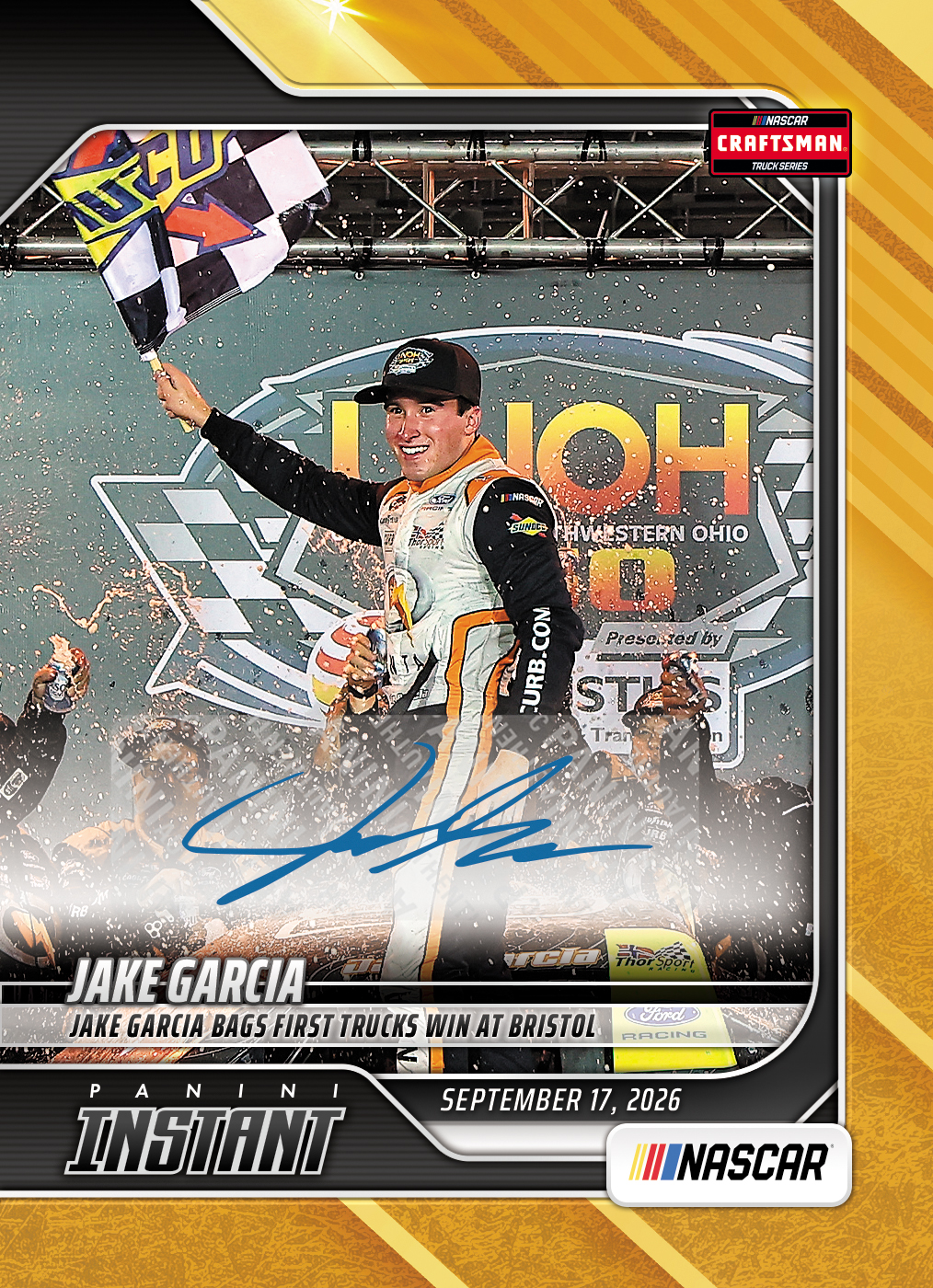 Detailed Image of Jake Garcia - 2026 Panini Instant NASCAR #85 - Gold /10 Auto