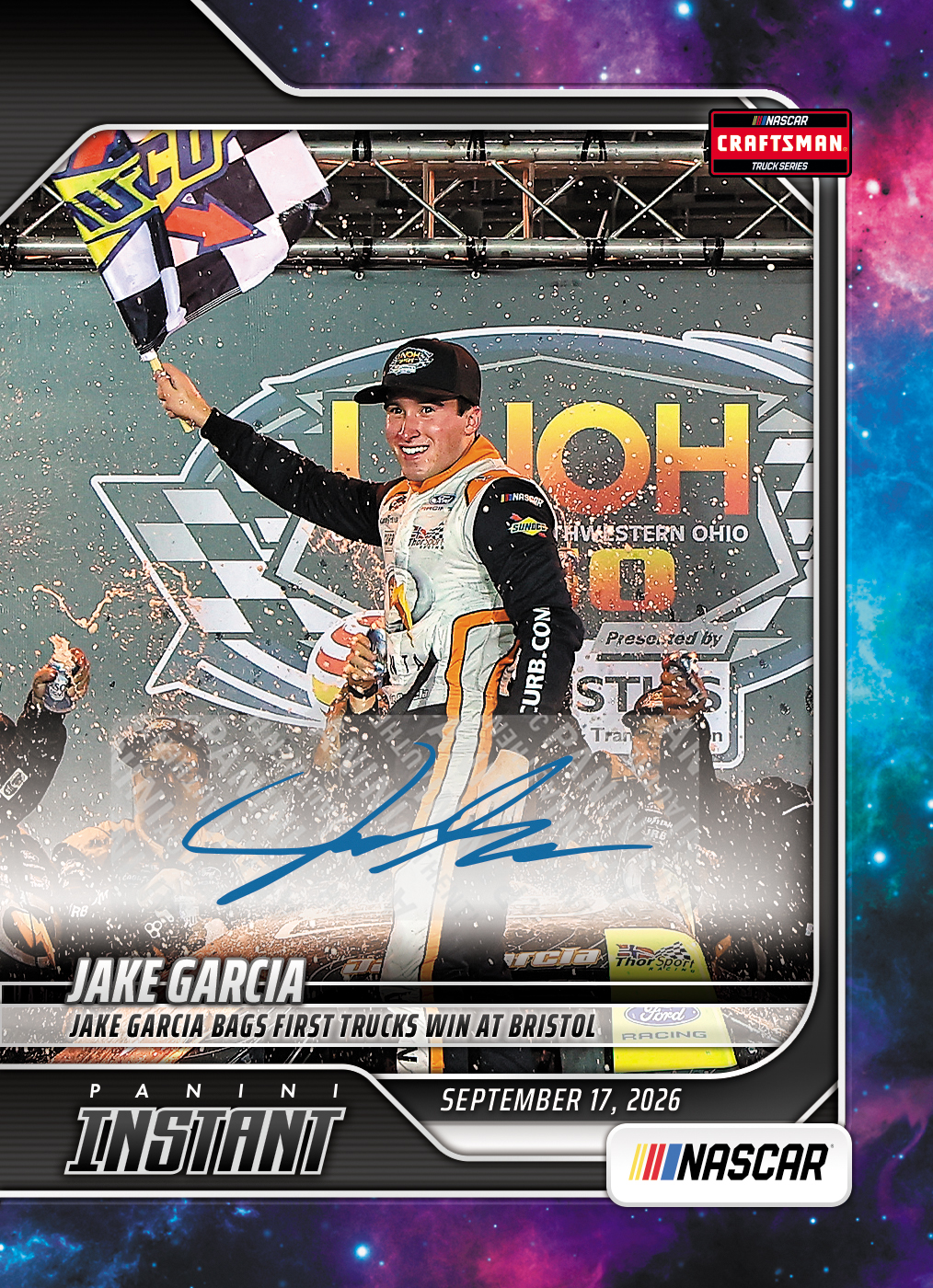 Detailed Image of Jake Garcia - 2026 Panini Instant NASCAR #85 - Galaxy 1/1 Auto