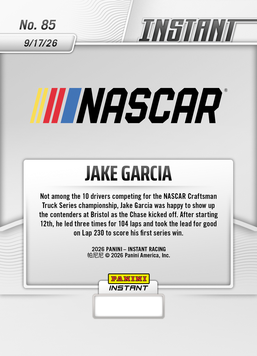 Product thumbnail image 2 of Jake Garcia - 2026 Panini Instant NASCAR #85 - Base Card