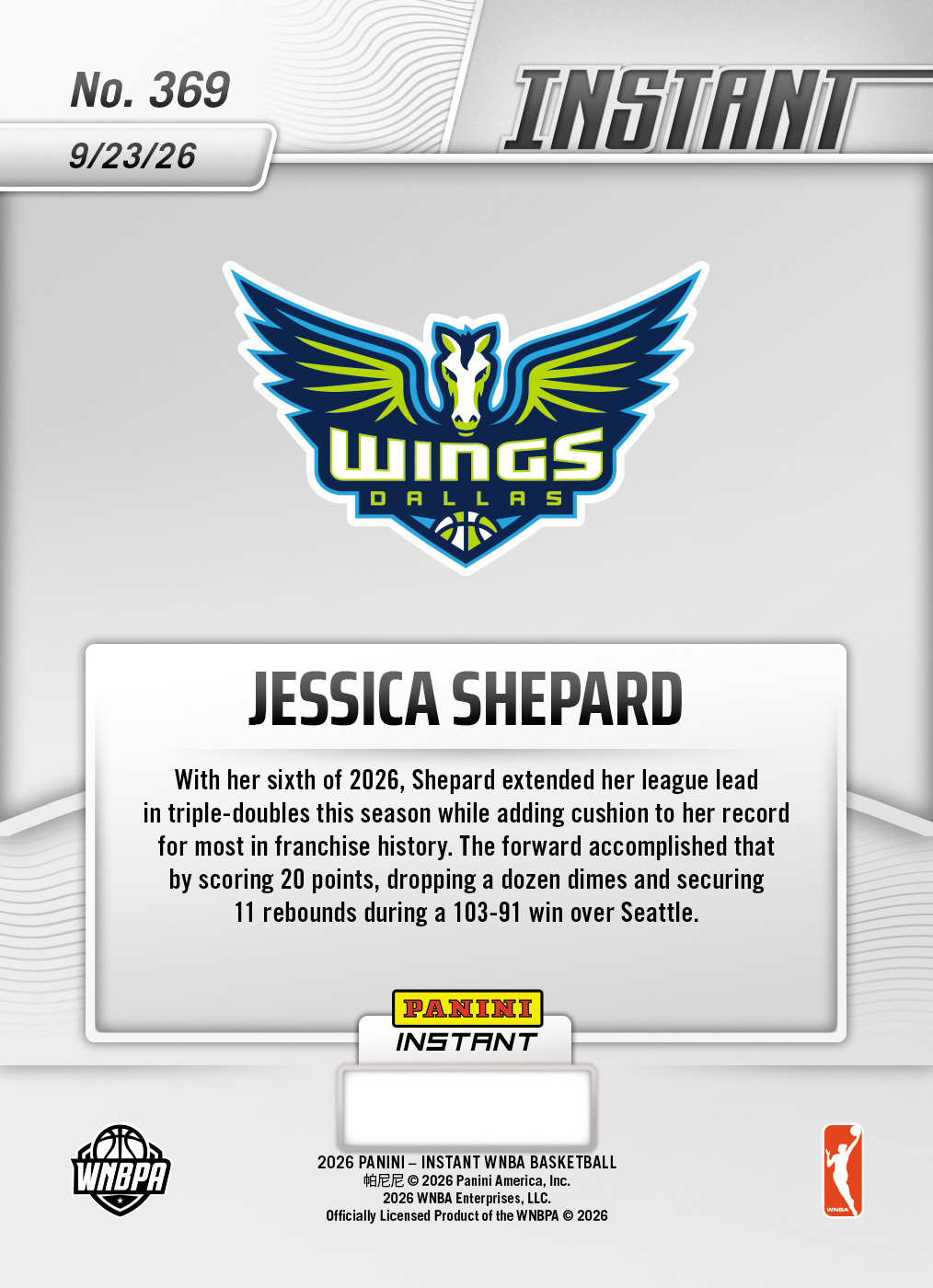 Product thumbnail image 2 of Jessica Shepard - 2026 Panini Instant WNBA #369 - Base Card 25-pack