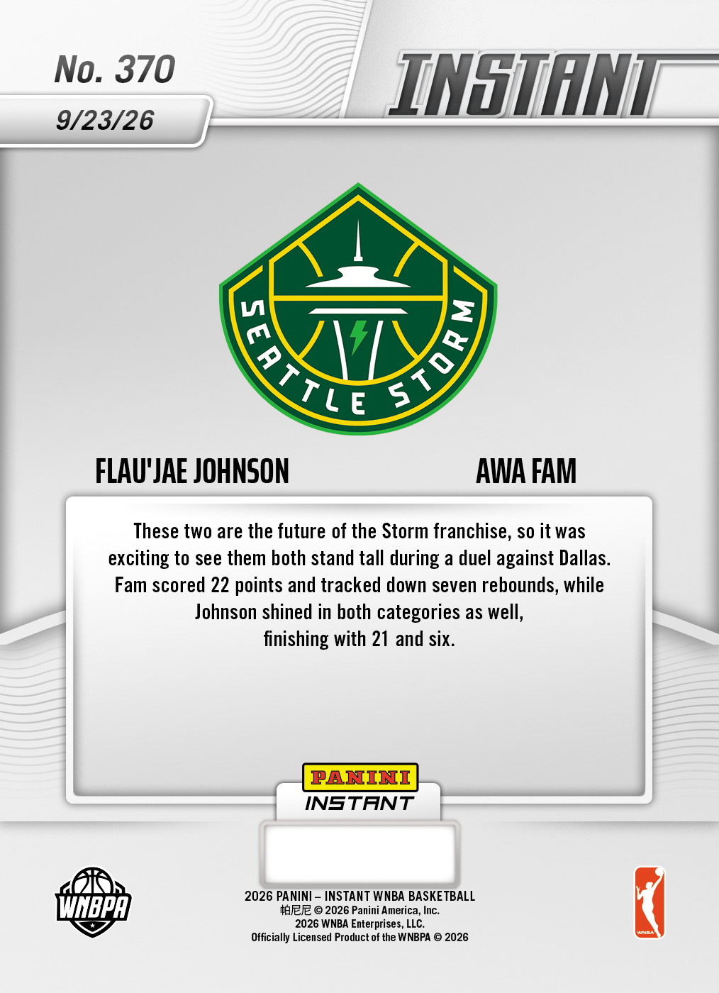 Product thumbnail image 2 of Flau'jae Johnson/Awa Fam - 2026 Panini Instant WNBA #370 - Base Card 10-pack