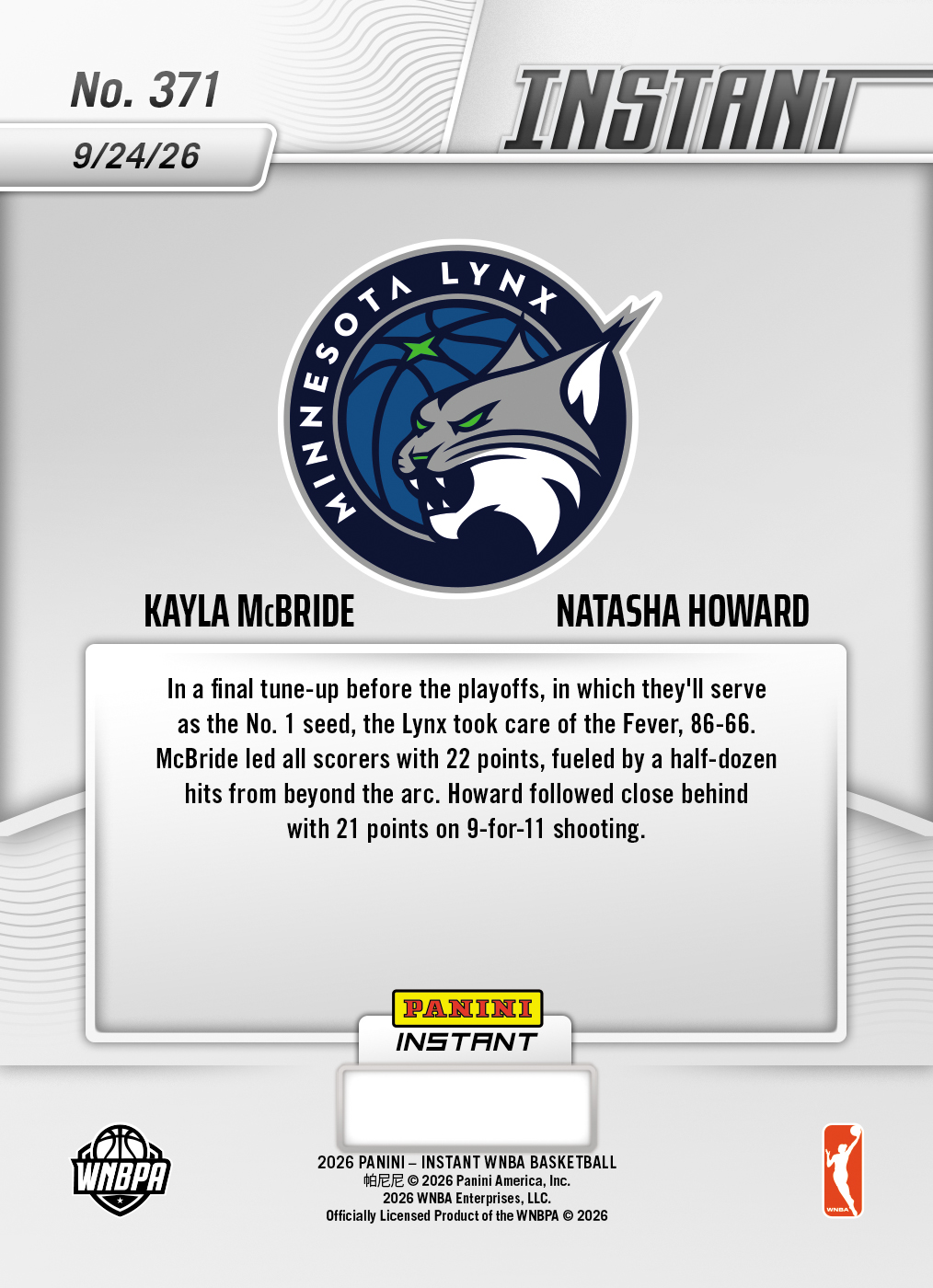 Product thumbnail image 2 of Kayla McBride/Natasha Howard - 2026 Panini Instant WNBA #371 - Base Card 25-pack