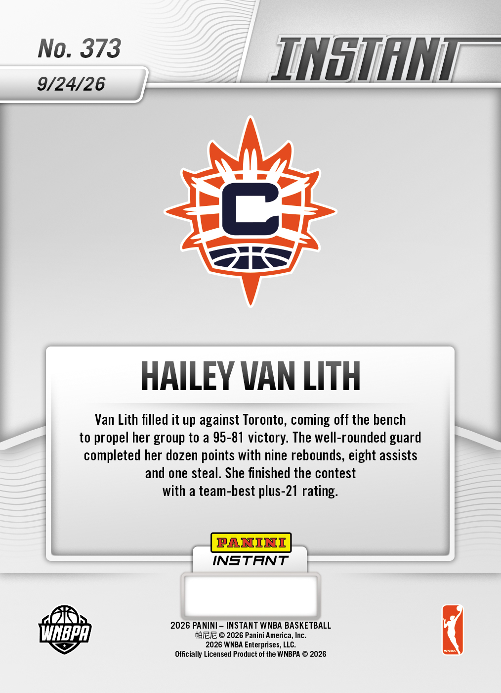 Product thumbnail image 2 of Hailey Van Lith - 2026 Panini Instant WNBA #373 - Base Card