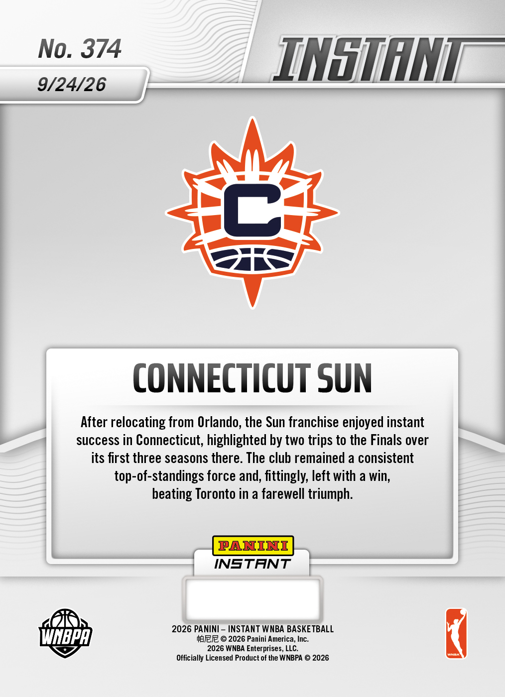 Product thumbnail image 2 of Connecticut Sun - 2026 Panini Instant WNBA #374 - Base Card 10-pack