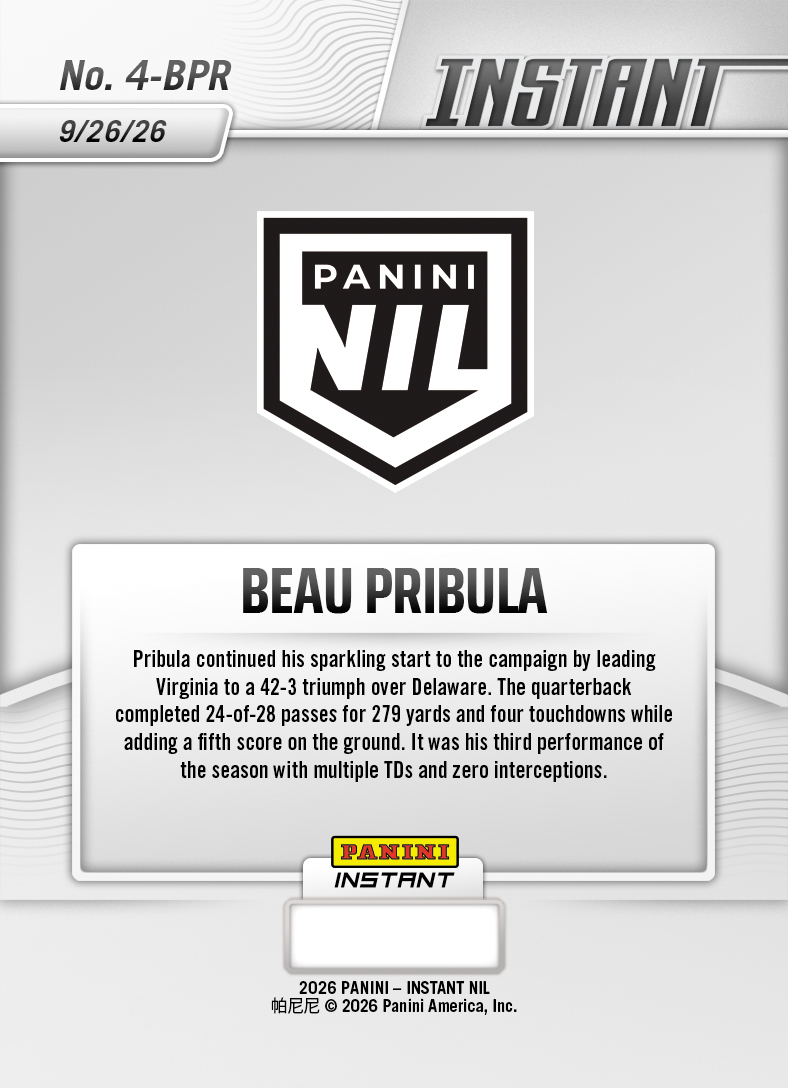 Product thumbnail image 2 of Beau Pribula - 2026 Panini NIL College Football #4-BPR - Base Card 25-pack