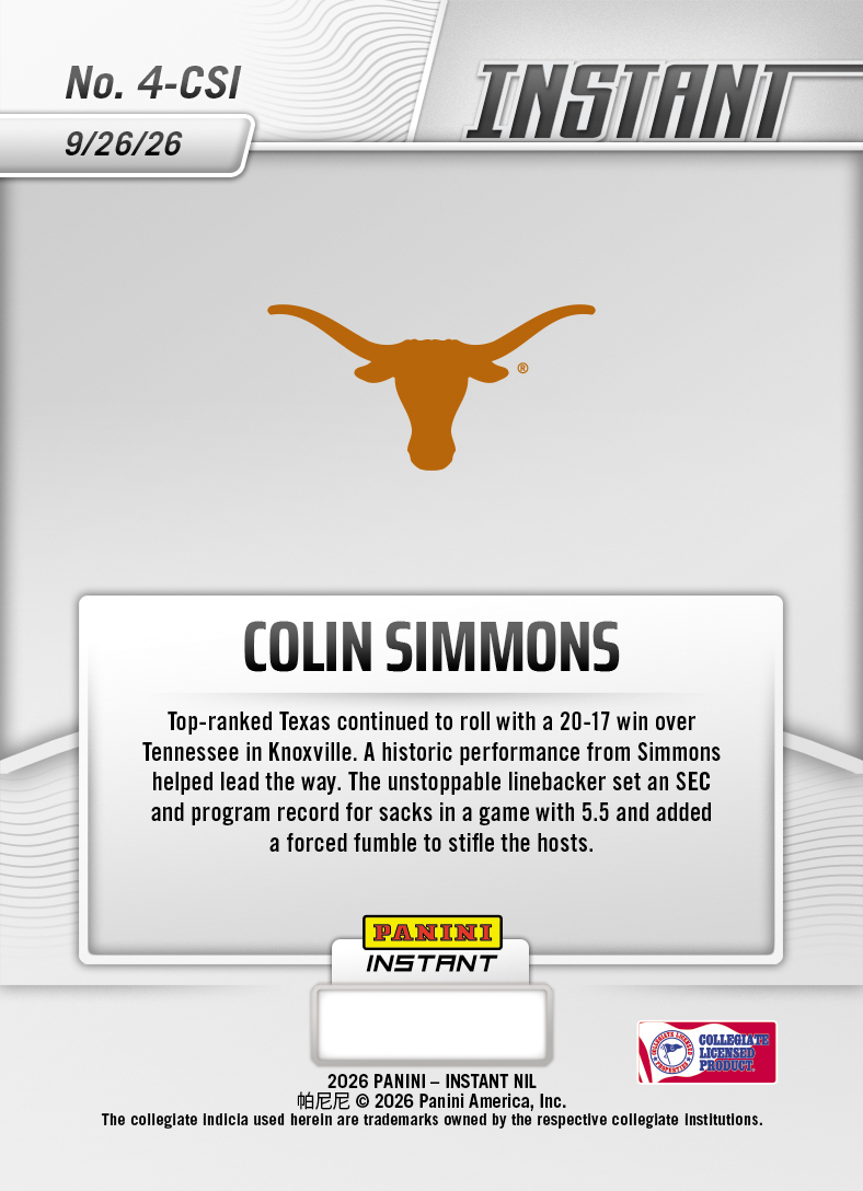 Product thumbnail image 2 of Colin Simmons - 2026 Panini Instant NIL College Football #4-CSI - Base Card 10-pack