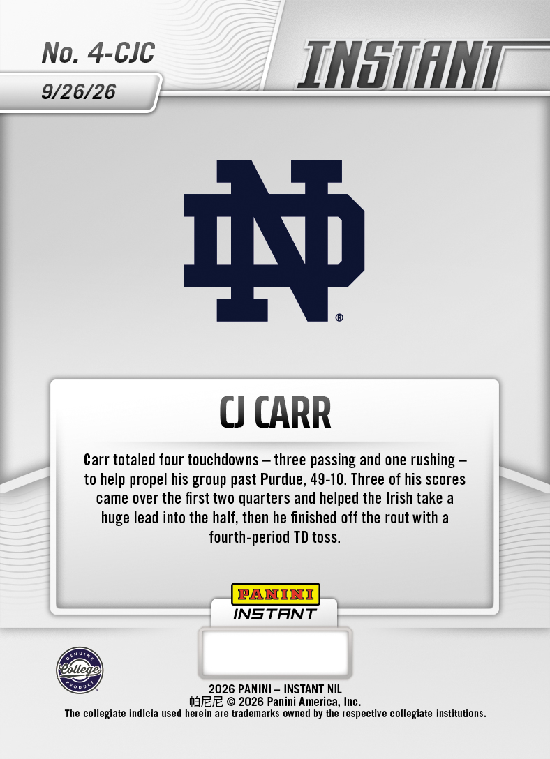 Product thumbnail image 2 of CJ Carr - 2026 Panini Instant NIL College Football #4-CJC - Metallic /5