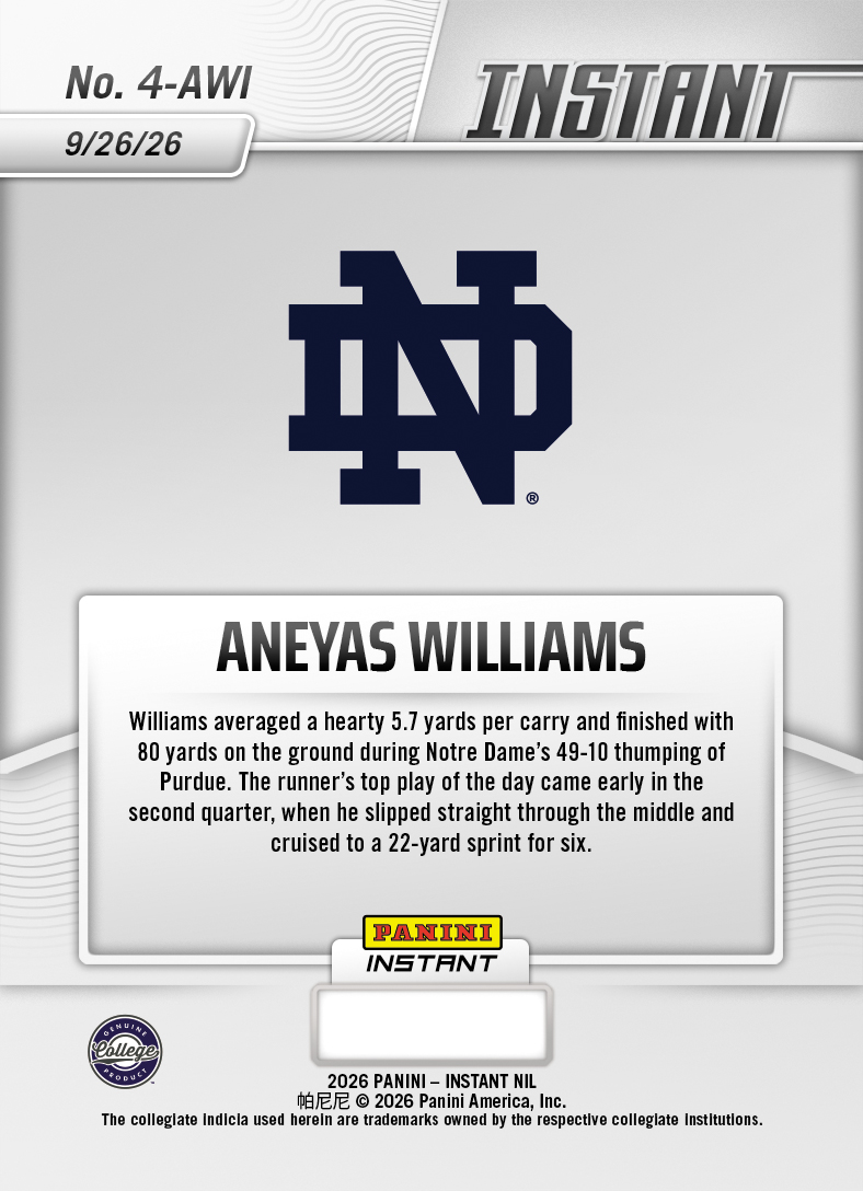 Product thumbnail image 2 of Aneyas Williams - 2026 Panini Instant NIL College Football #4-AWI - Base Card 5-pack