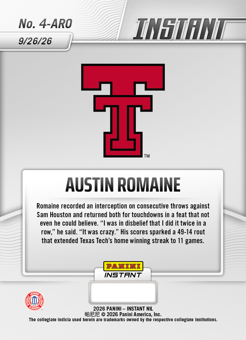 Product thumbnail image 2 of Austin Romaine - 2026 Panini NIL College Football #4-ARO - Base Card 25-pack