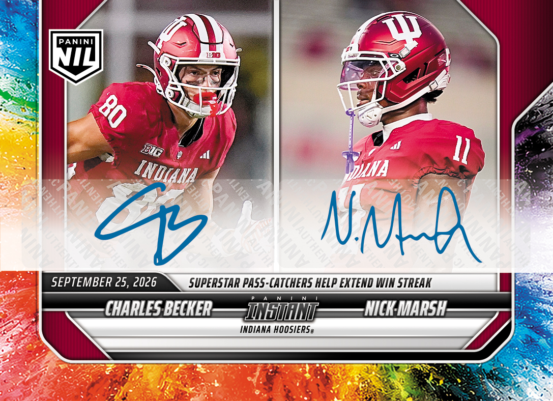 Detailed Image of Charles Becker/Nick Marsh - 2026 Panini Instant NIL College Football #4-IU - Color Blast /10 Auto