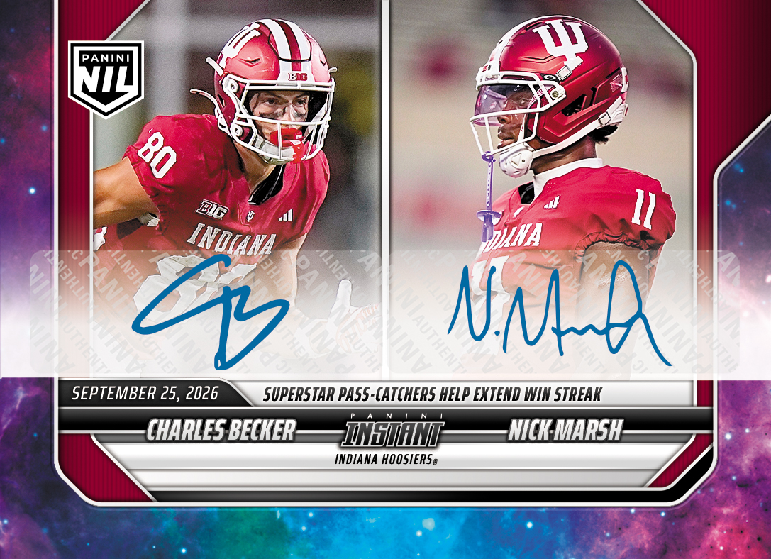 Detailed Image of Charles Becker/Nick Marsh - 2026 Panini Instant NIL College Football #4-IU - Galaxy 1/1 Auto