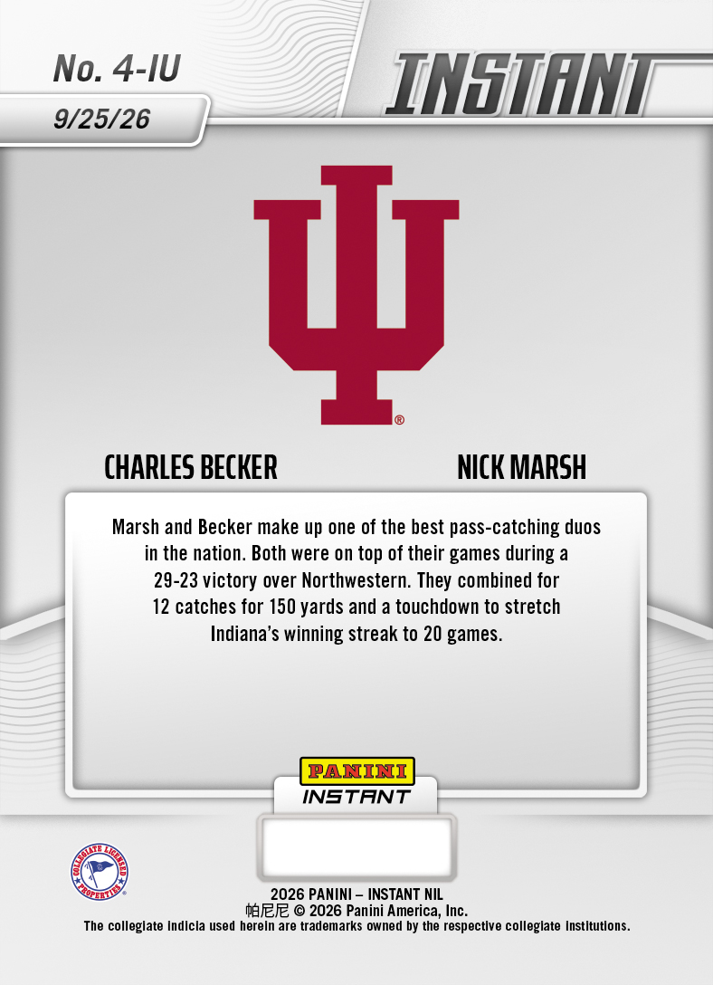 Product thumbnail image 2 of Charles Becker/Nick Marsh - 2026 Panini Instant NIL College Football #4-IU - Base Card 25-pack