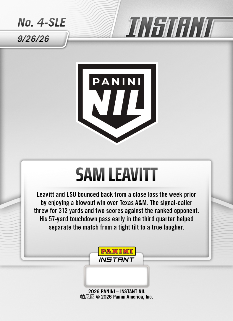 Product thumbnail image 2 of Sam Leavitt - 2026 Panini Instant NIL College Football #4-SLE - Base Card 25-pack