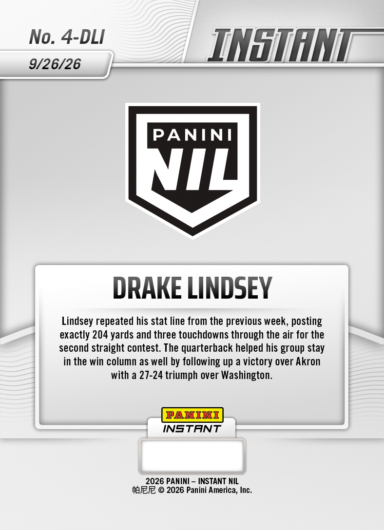 Product thumbnail image 2 of Drake Lindsey - 2026 Panini Instant NIL College Football #4-DLI - Base Card 10-pack