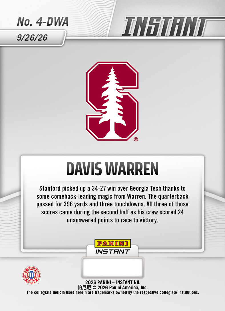 Product thumbnail image 2 of Davis Warren - 2026 Panini Instant NIL College Football #4-DWA - Base Card 25-pack