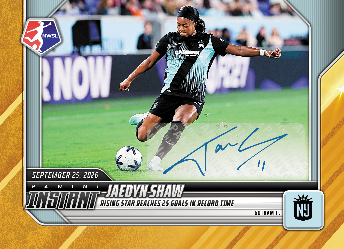 Detailed Image of Jaedyn Shaw - 2026 Panini Instant NWSL #185 - Gold /10 Auto