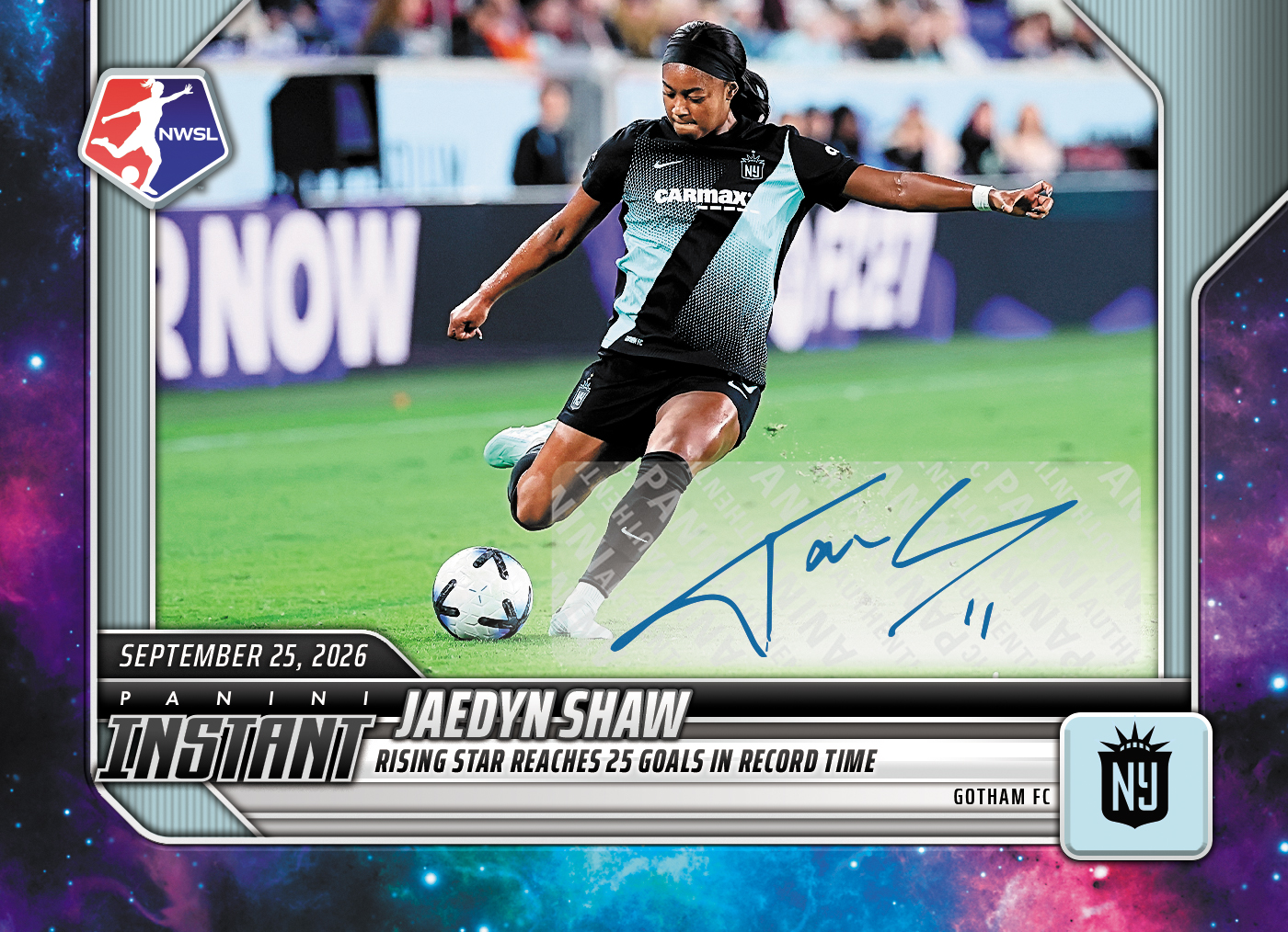 Detailed Image of Jaedyn Shaw - 2026 Panini Instant NWSL #185 - Galaxy 1/1 Auto