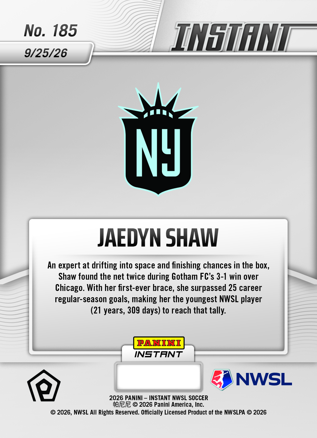 Product thumbnail image 2 of Jaedyn Shaw - 2026 Panini Instant NWSL #185 - Base Card 25-pack