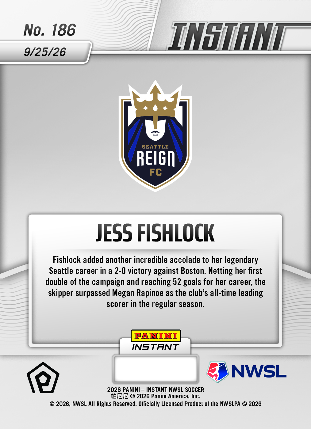 Product thumbnail image 2 of Jess Fishlock - 2026 Panini Instant NWSL #186 - Base Card 25-pack