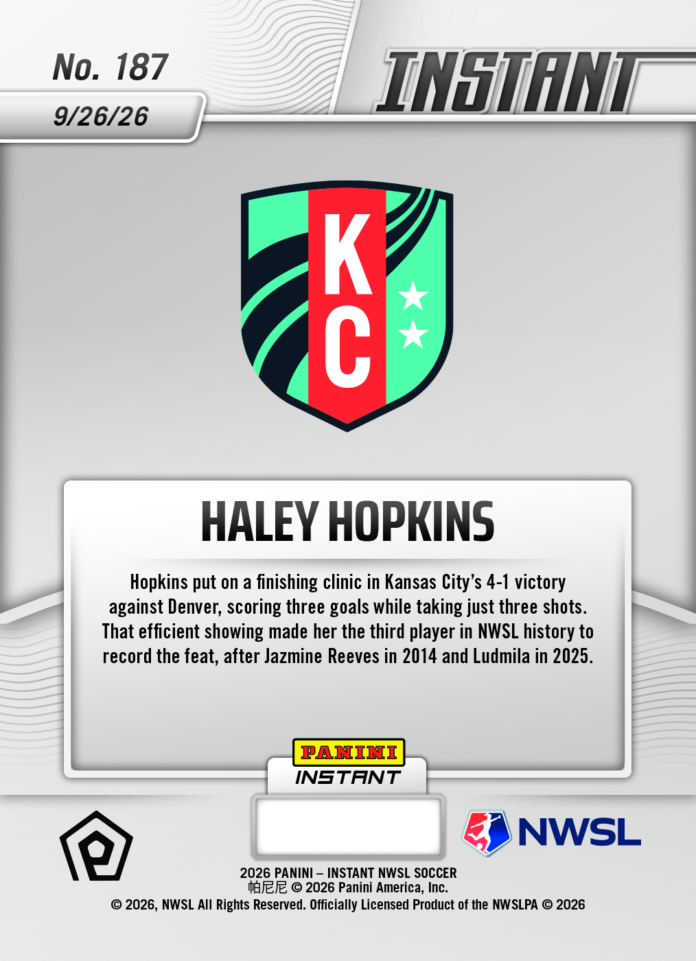 Product thumbnail image 2 of Haley Hopkins - 2026 Panini Instant NWSL #187 - Base Card 10-pack