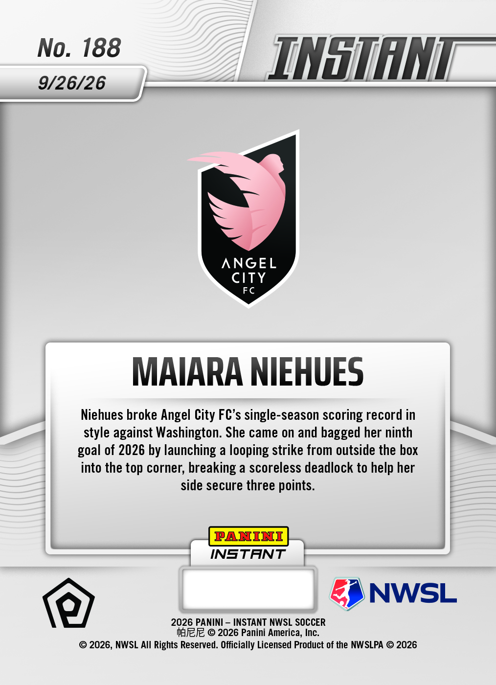 Product thumbnail image 2 of Maiara Niehues - 2026 Panini Instant NWSL #188 - Base Card 5-pack