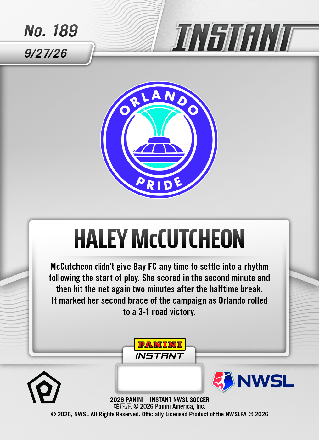 Product thumbnail image 2 of Haley McCutcheon - 2026 Panini Instant NWSL #189 - Base Card 25-pack
