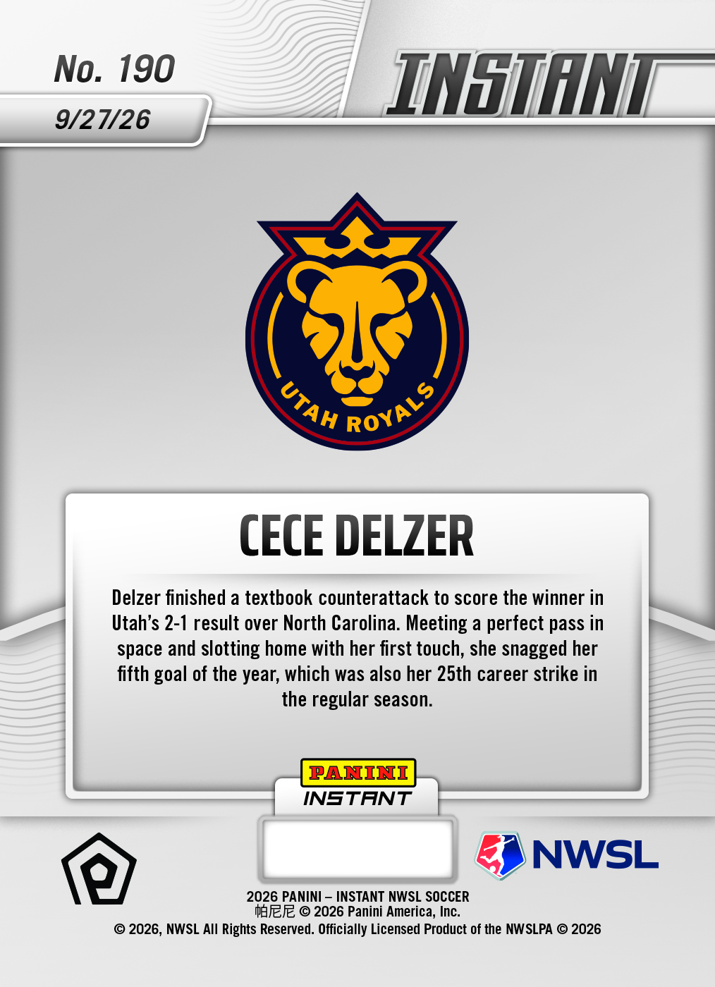 Product thumbnail image 2 of Cece Delzer - 2026 Panini Instant NWSL #190 - Base Card 10-pack