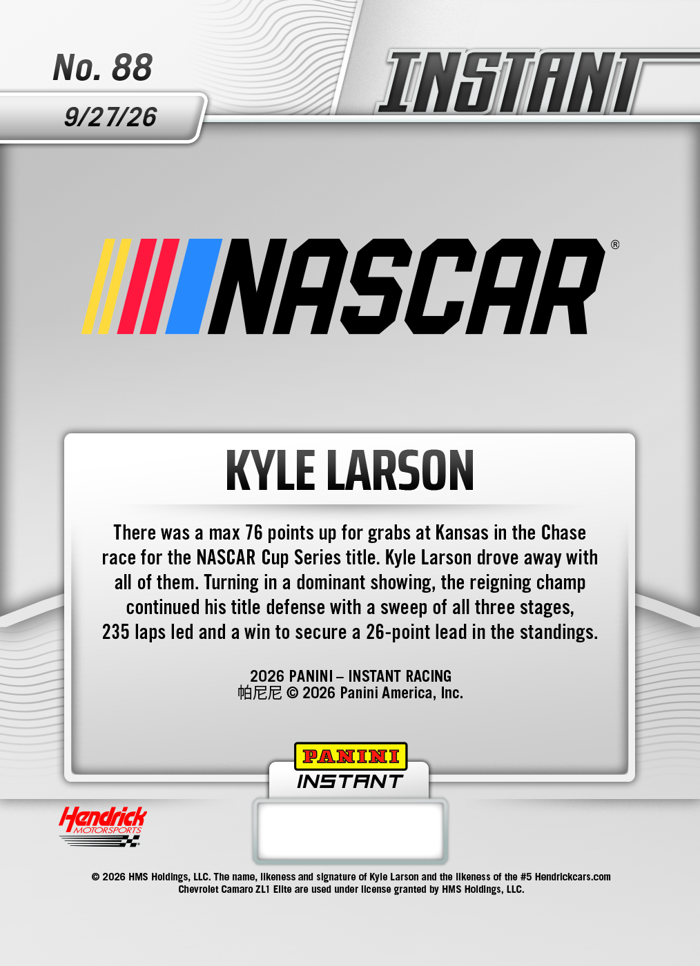 Product thumbnail image 2 of Kyle Larson - 2026 Panini Instant NASCAR #88 - Base Card 10-pack