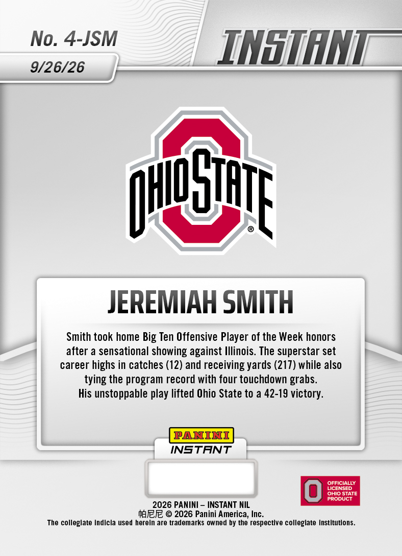 Product thumbnail image 2 of Jeremiah Smith - 2026 Panini Instant NIL College Football #4-JSM - Base Card 25-pack