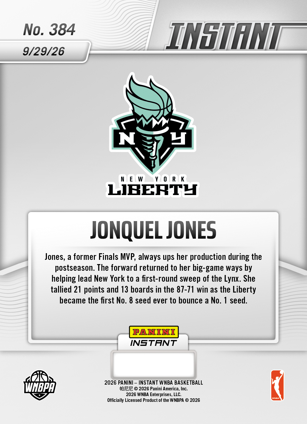 Product thumbnail image 2 of Jonquel Jones - 2026 Panini Instant WNBA #384 - Base Card 5-pack