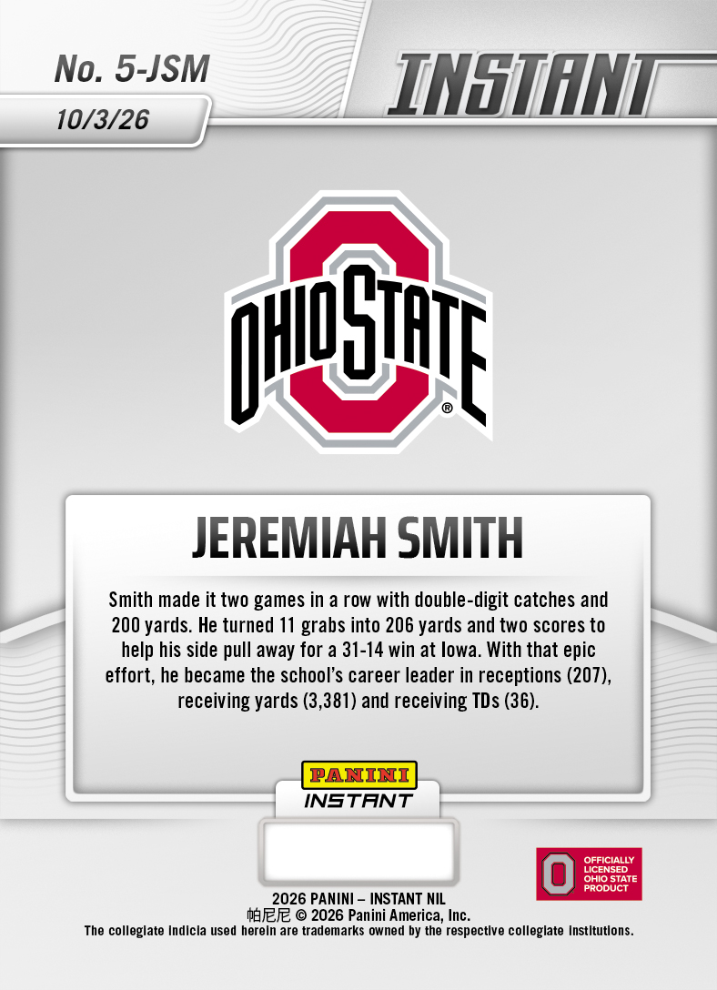 Product thumbnail image 2 of Jeremiah Smith - 2026 Panini Instant NIL College Football #5-JSM - Base Card 25-pack