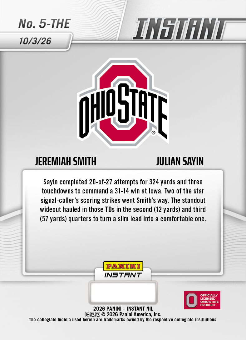 Product thumbnail image 2 of Jeremiah Smith/Julian Sayin - 2026 Panini Instant NIL College Football #5-THE - Galaxy 1/1