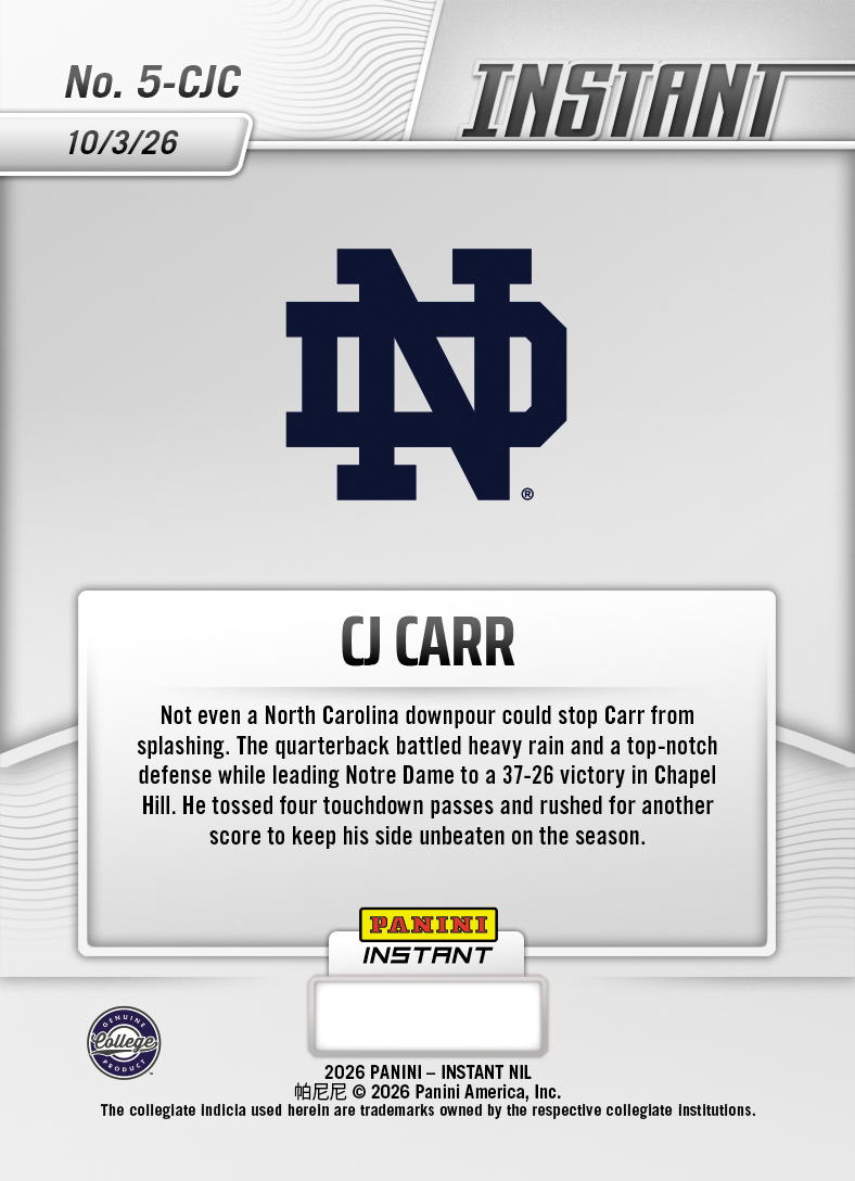 Product thumbnail image 2 of CJ Carr - 2026 Panini Instant NIL College Football #5-CJC - Base Card 10-pack