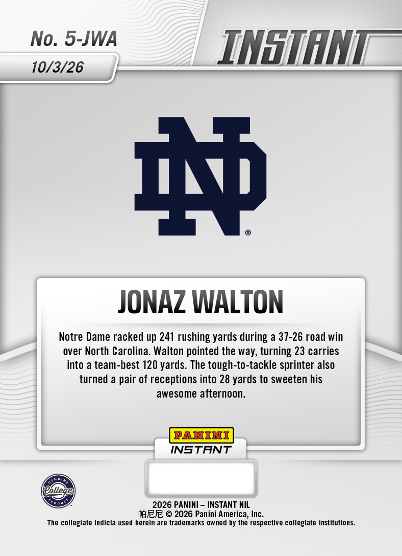 Product thumbnail image 2 of Jonaz Walton - 2026 Panini Instant NIL College Football #5-JWA - Base Card 25-pack