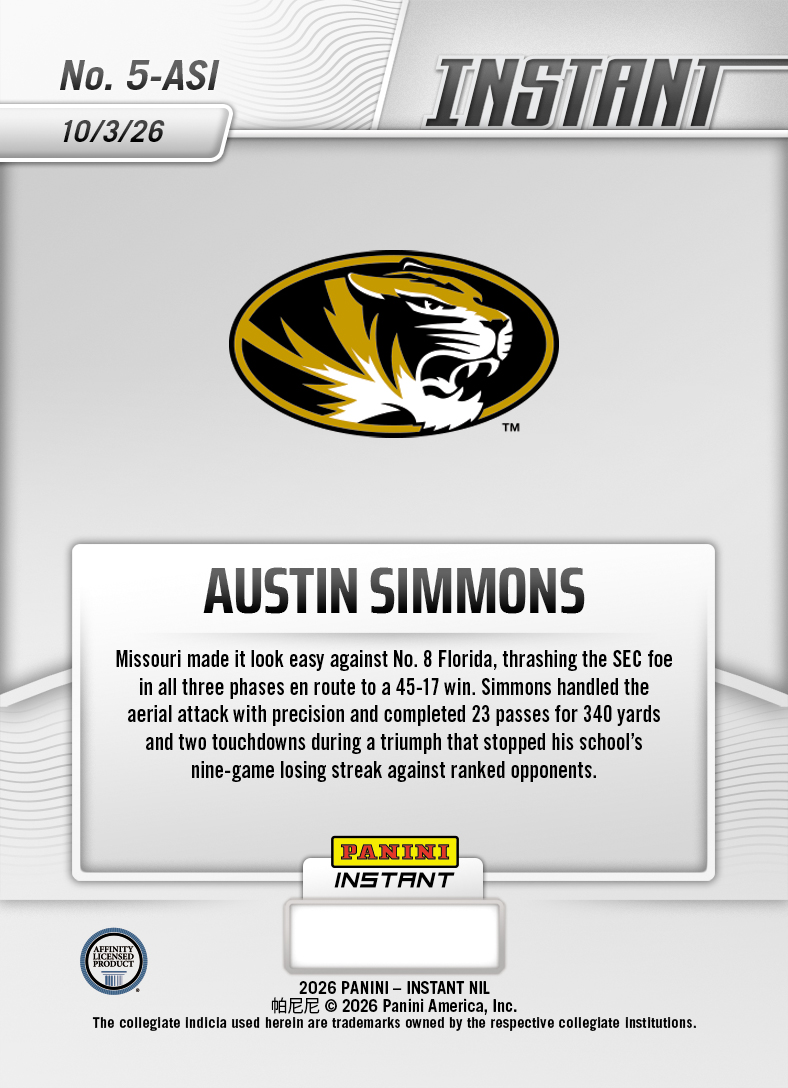 Product thumbnail image 2 of Austin Simmons - 2026 Panini Instant NIL College Football #5-ASI - Base Card 25-pack