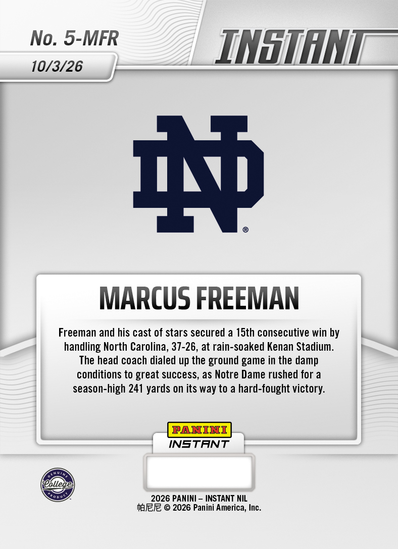Product thumbnail image 2 of Marcus Freeman - 2026 Panini Instant NIL College Football #5-MFR - Base Card 5-pack