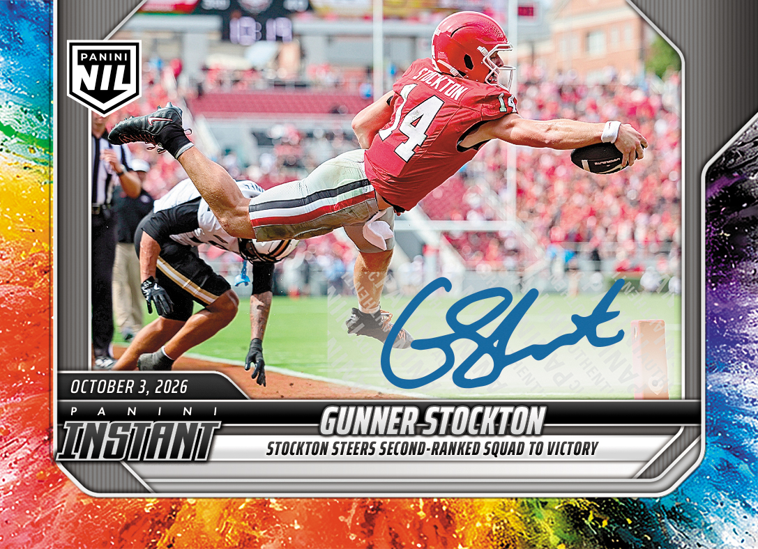 Detailed Image of Gunner Stockton - 2026 Panini Instant NIL College Football #5-GST - Color Blast /10 Auto