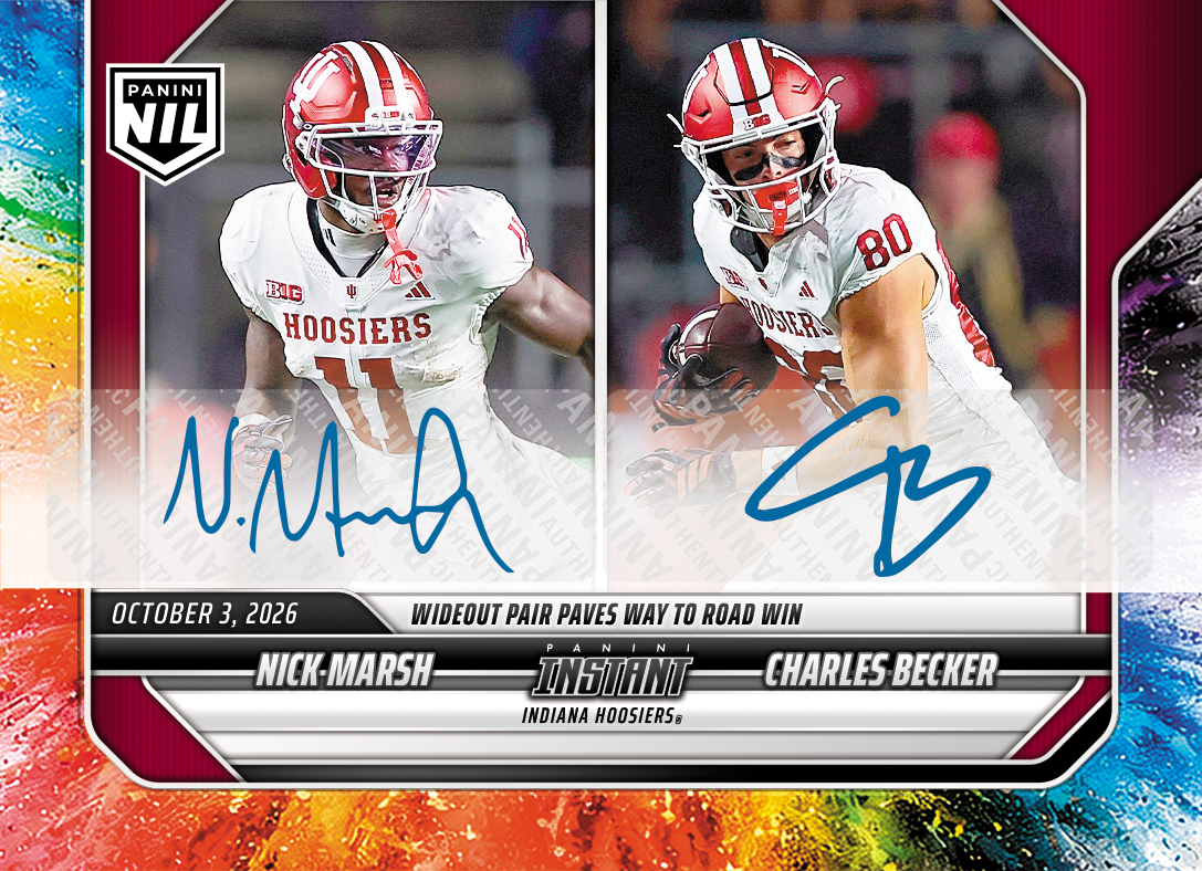 Detailed Image of Nick Marsh/Charles Becker - 2026 Panini Instant NIL College Football #5-IND - Color Blast /10 Auto